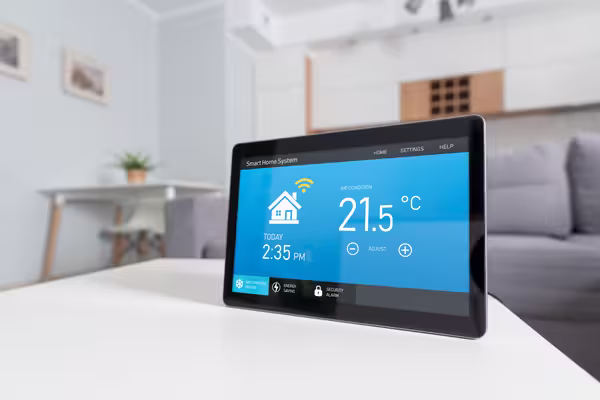 Tablet mit Smart-Home-Steuerung zeigt 21,5 °C Raumtemperatur und weitere Einstellungen, im Hintergrund ein Wohnzimmer.